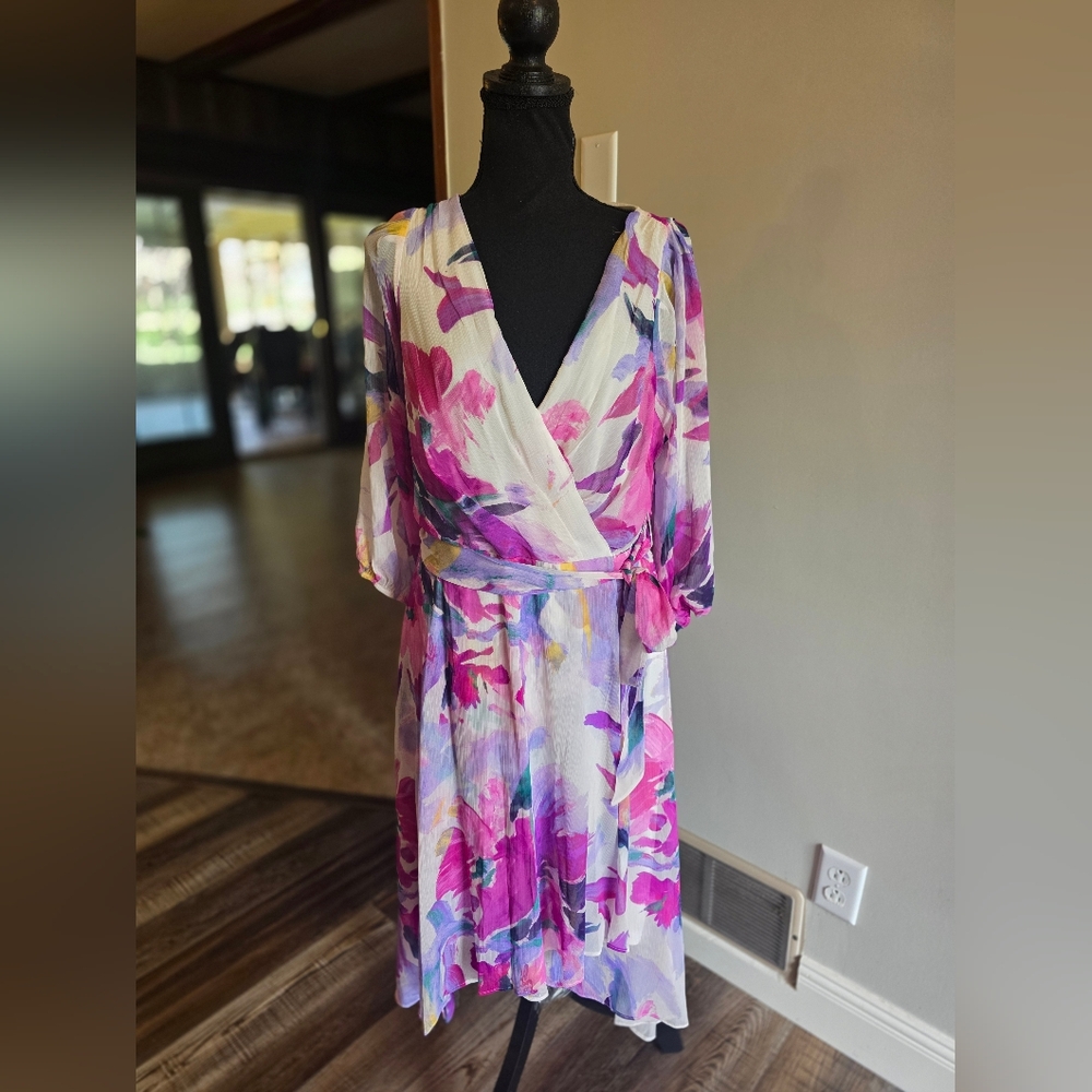 DKNY Floral Wrap Dress with Pink & Purple Watercolor Print